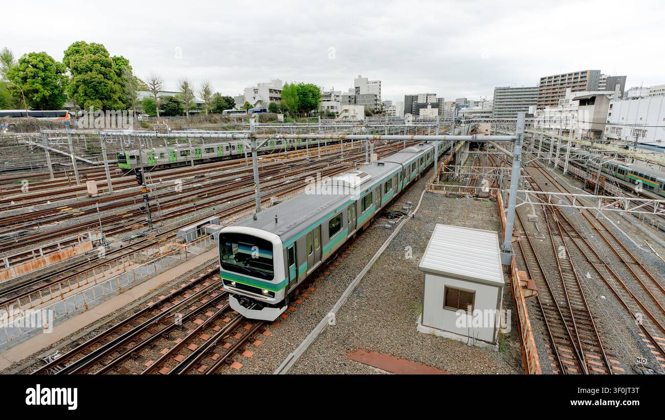 Un treno pendolare su binari ferroviari a Tokyo, Giappone, circondato da edifici urbani e verde contro un cielo nuvoloso. L'animato snodo di trasporto urbano cap Foto Stock