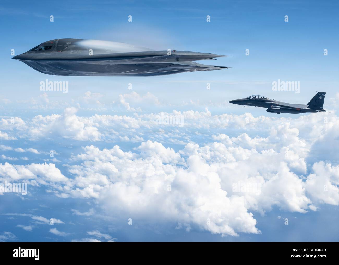 Un bombardiere invisibile B-2 Spirit dell'U.S. Air Force, assegnato al 509th Bomb Wing, e un F-15E Strike Eagle, assegnato all'85th Test and Evaluation Squadr Foto Stock