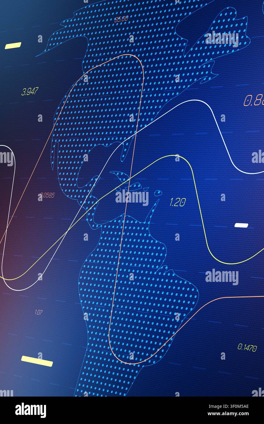 Dati di trading in borsa mostrati su un grafico con contorno geografico Foto Stock