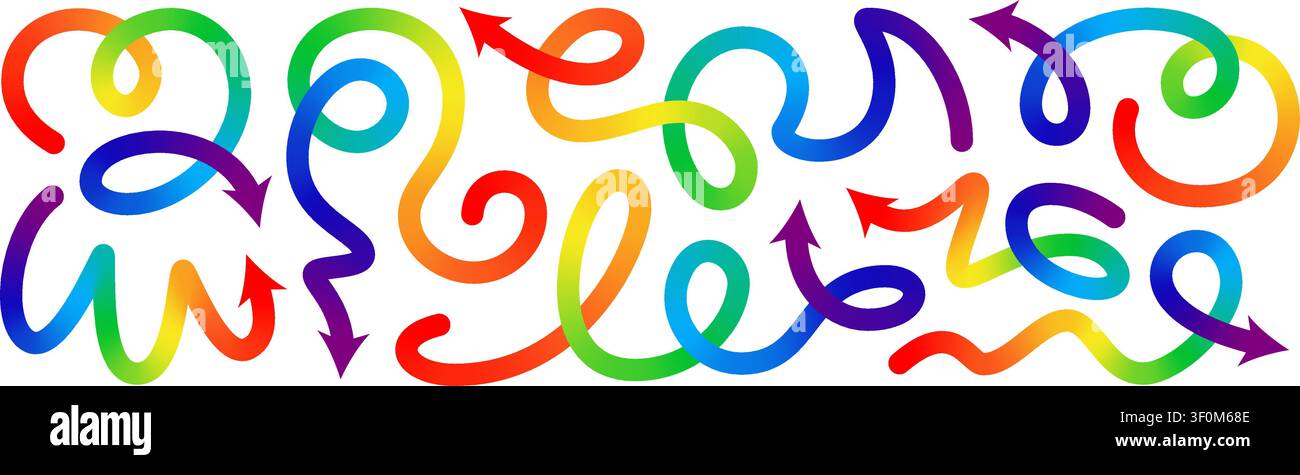 Forma a linea astratta frecce a sfumatura di colore. Motivo a onda curva 3D, confetti fluidi di buon compleanno. Spirale di vernice liquida, percorso a zigzag vorticoso, dinamico Illustrazione Vettoriale