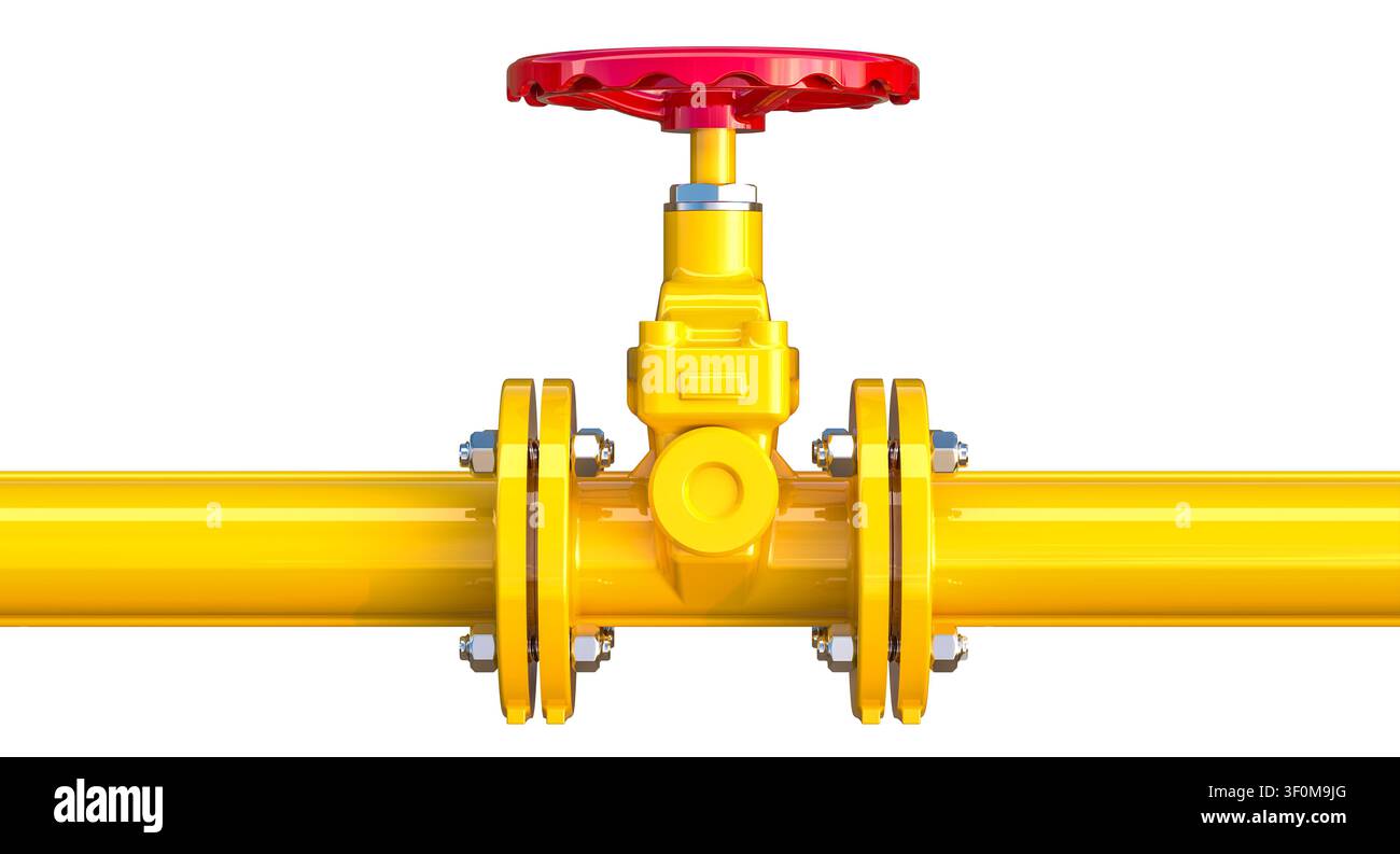 Pipeline gas Yellow 3d con valvola di intercettazione rossa Foto Stock