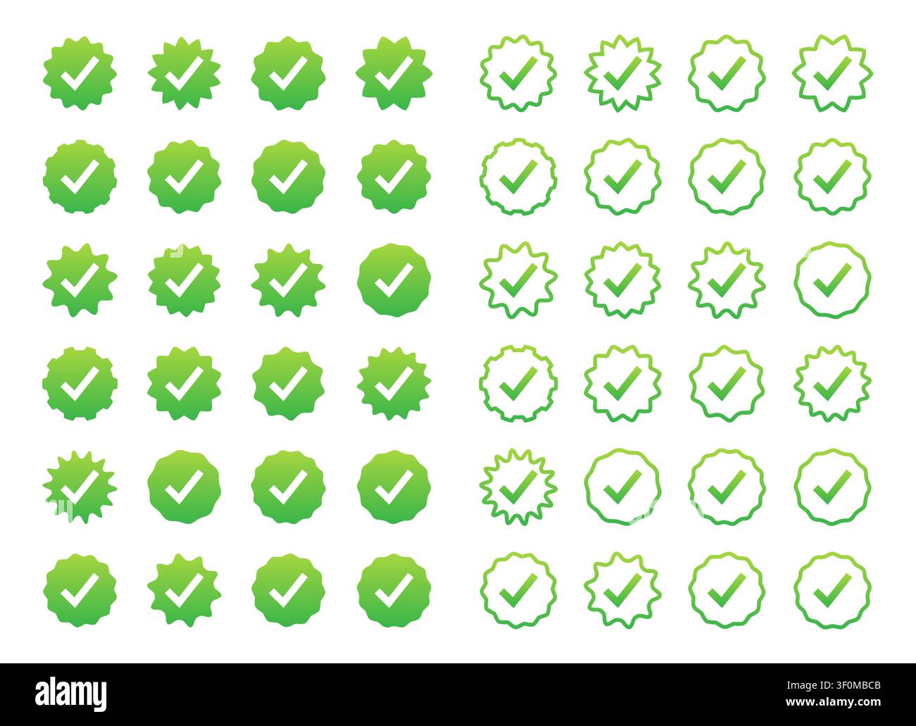 Icone di adesivi con badge di verifica a segno di spunta verde Illustrazione Vettoriale