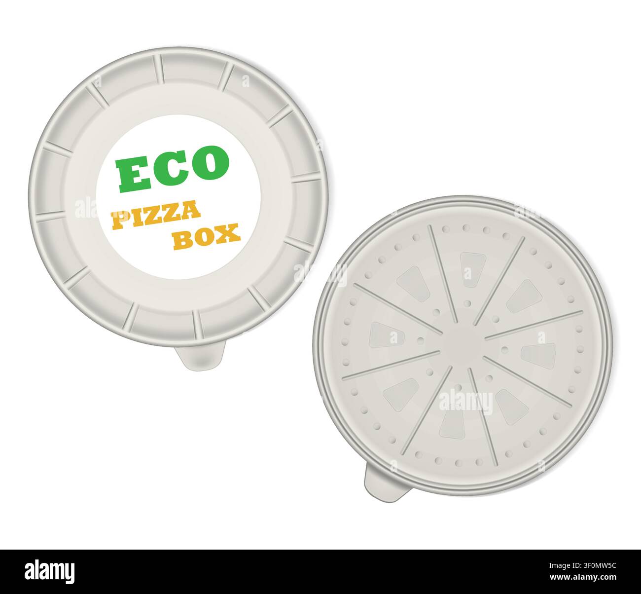 Scatola per pizza ecologica rotonda aperta con adesivo per etichetta isolata su sfondo bianco - vista dall'alto, modello vettoriale Illustrazione Vettoriale