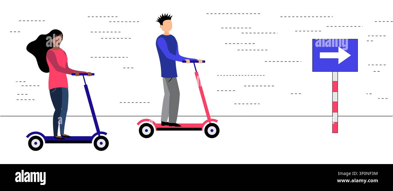 Professionisti aziendali in sella a scooter elettrici diretti verso una freccia di direzione - illustrazione vettoriale Illustrazione Vettoriale