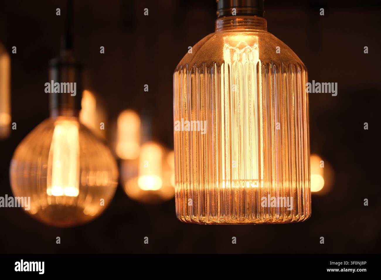 Prima piano di lampadine Edison vintage luminose appese all'interno, che emettono una luce calda e brillante con uno sfondo sfocato morbido. Foto Stock