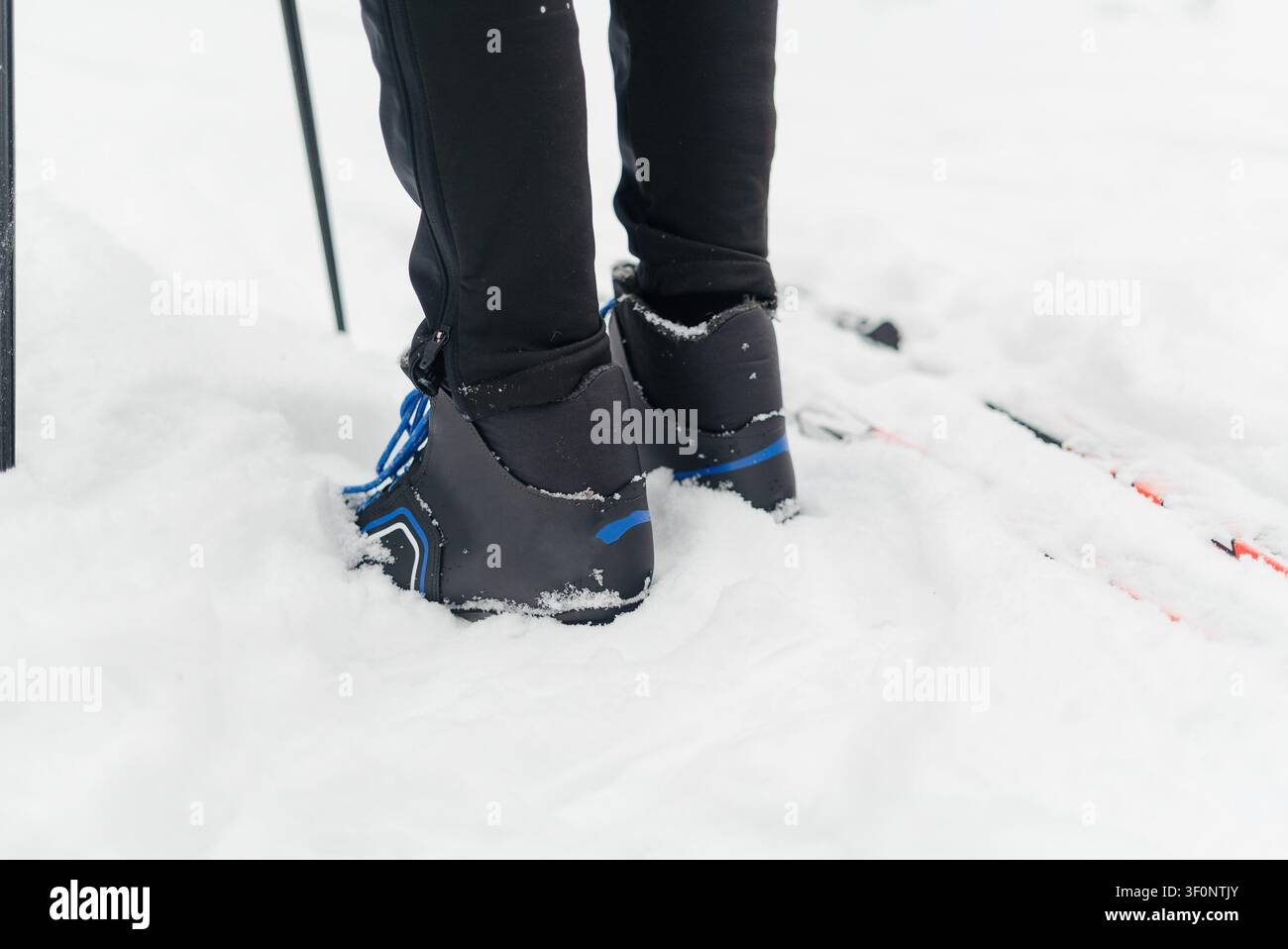 Primo piano gambe e stivali isolati neri con dettagli blu sulla neve lungo la pista da sci di fondo. Calzature invernali vicino a bastoni da sci rossi e neri su una pista ghiacciata. Attrezzatura da sci di fondo per l'esterno freddo Foto Stock