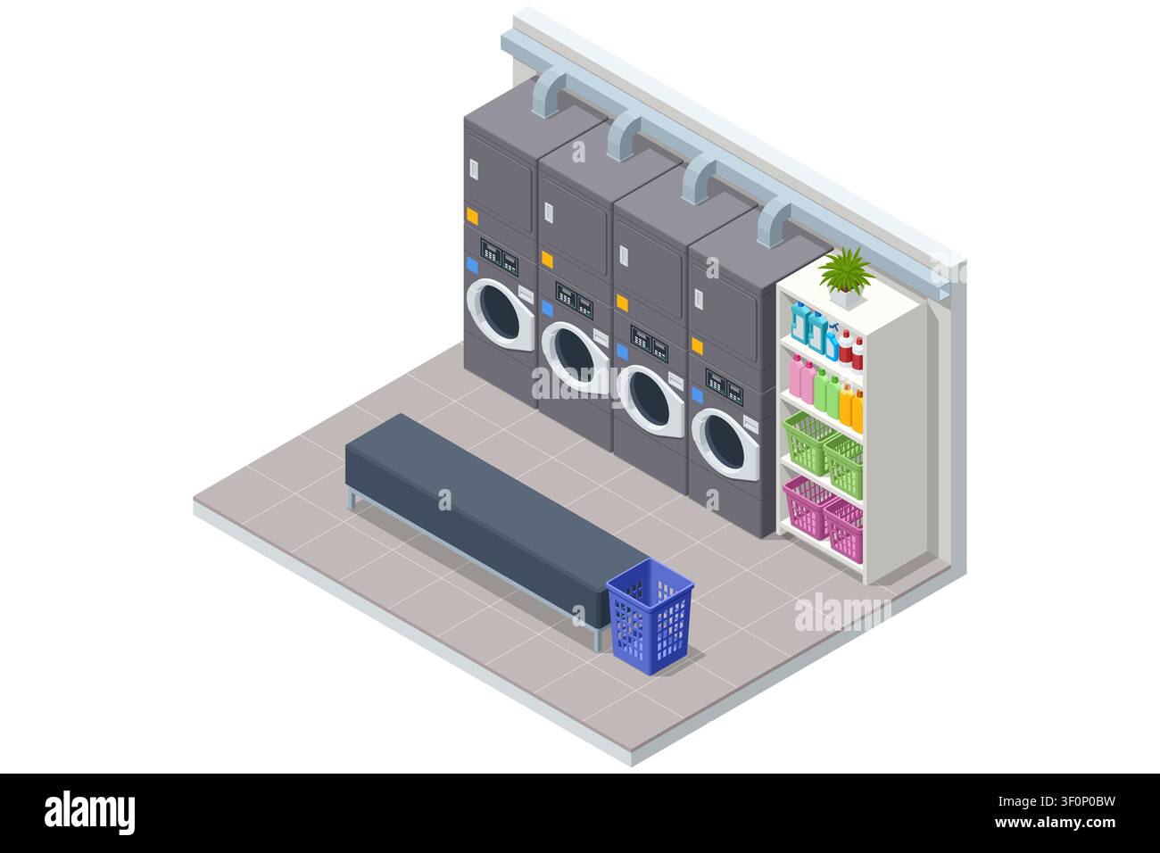 Lavanderia self-service isometrica con macchine lavatrici e asciugatrici, scaffale per le provviste, panca e cesto, che illustra l'interno organizzato di una lavanderia, tessuto Illustrazione Vettoriale