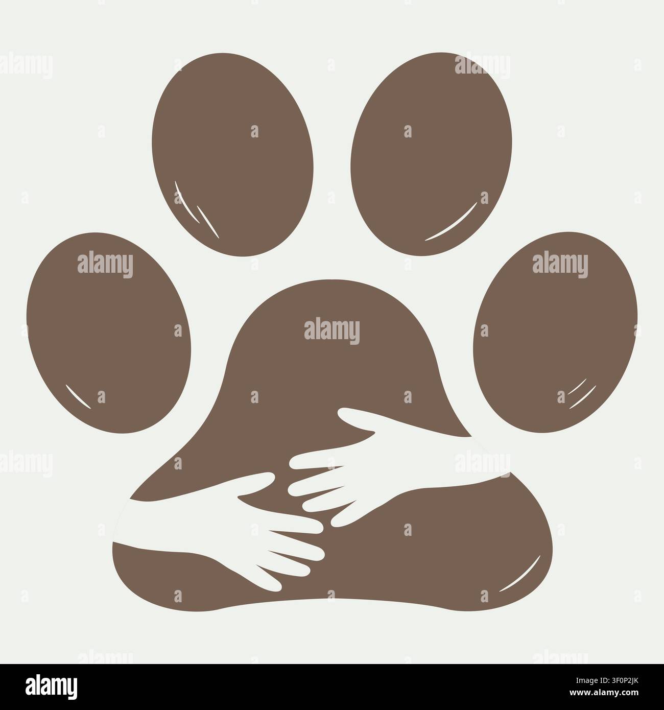Illustrazione piatta di un'impronta di zampa che raffigura mani umane che si abbracciano per la cura degli animali e il design del benessere animale Illustrazione Vettoriale