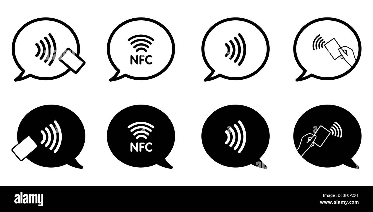 Set di icone a contorno e silhouette di simboli di pagamento contactless NFC con gesti tap-to-pay e segnali wireless per il design fintech Illustrazione Vettoriale