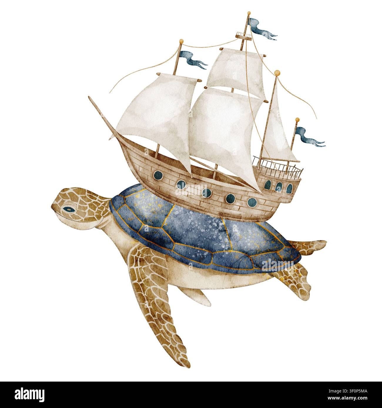 Illustrazione ad acquerello di tartaruga. Tartaruga marina che trasporta una nave a vela su sfondo isolato. Animale nautico fantastico per poster per camerette, temi oceanici e Foto Stock