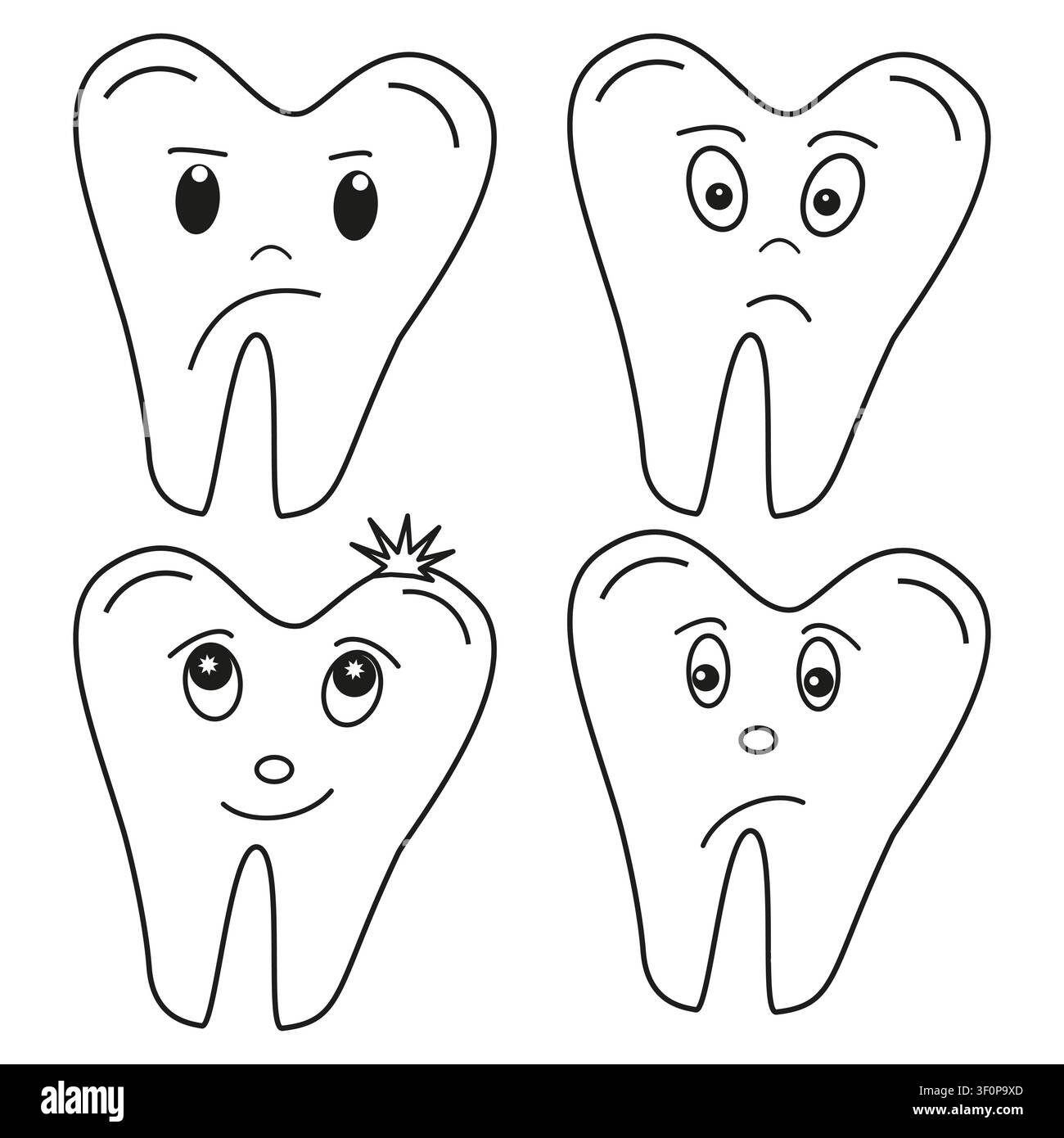 Set di personaggi dentali tristi e felici. Raccolta di icone di emozioni dentali. Mascotte vettoriali di cartoni animati Illustrazione Vettoriale