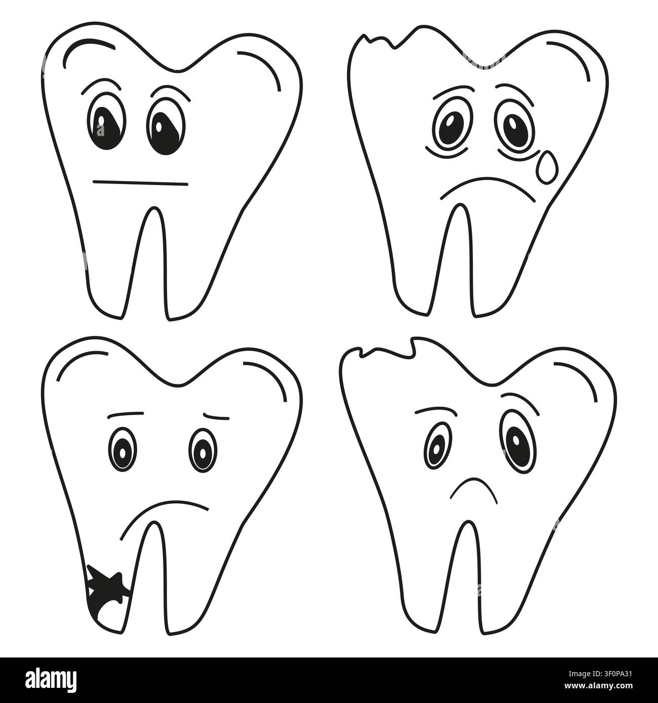 Set di traumi dentali gravi e carie. Icone di denti rotti e dolorosi. Personaggi cartoni animati vettoriali Illustrazione Vettoriale