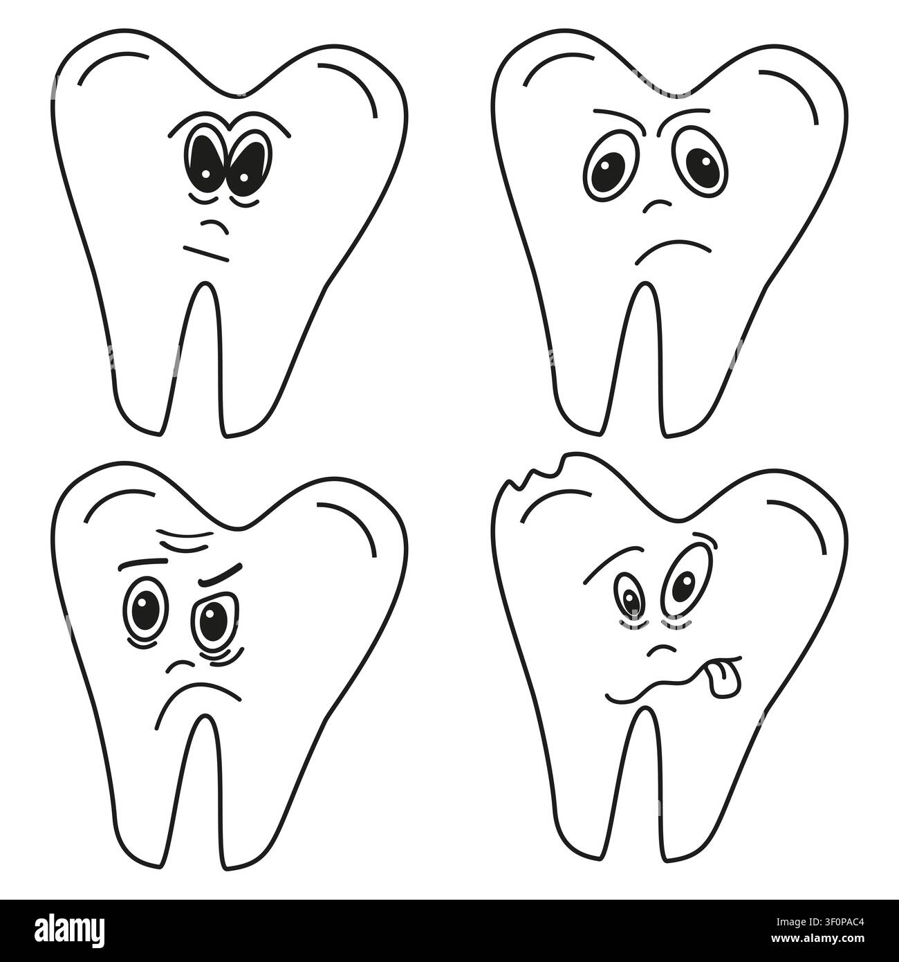 Set di emozioni di denti malati e rotti. Icone di dolore dentale e traumi. Personaggi cartoon vettoriali Illustrazione Vettoriale