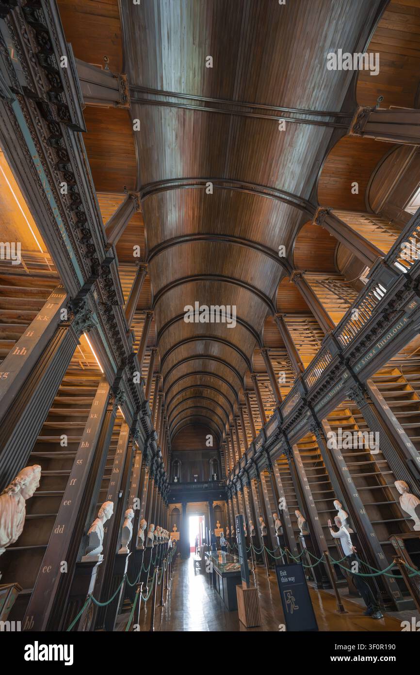 Alto soffitto a volta in una biblioteca storica con elegante struttura in legno, Trinity Collage, Dublino, Irlanda Foto Stock
