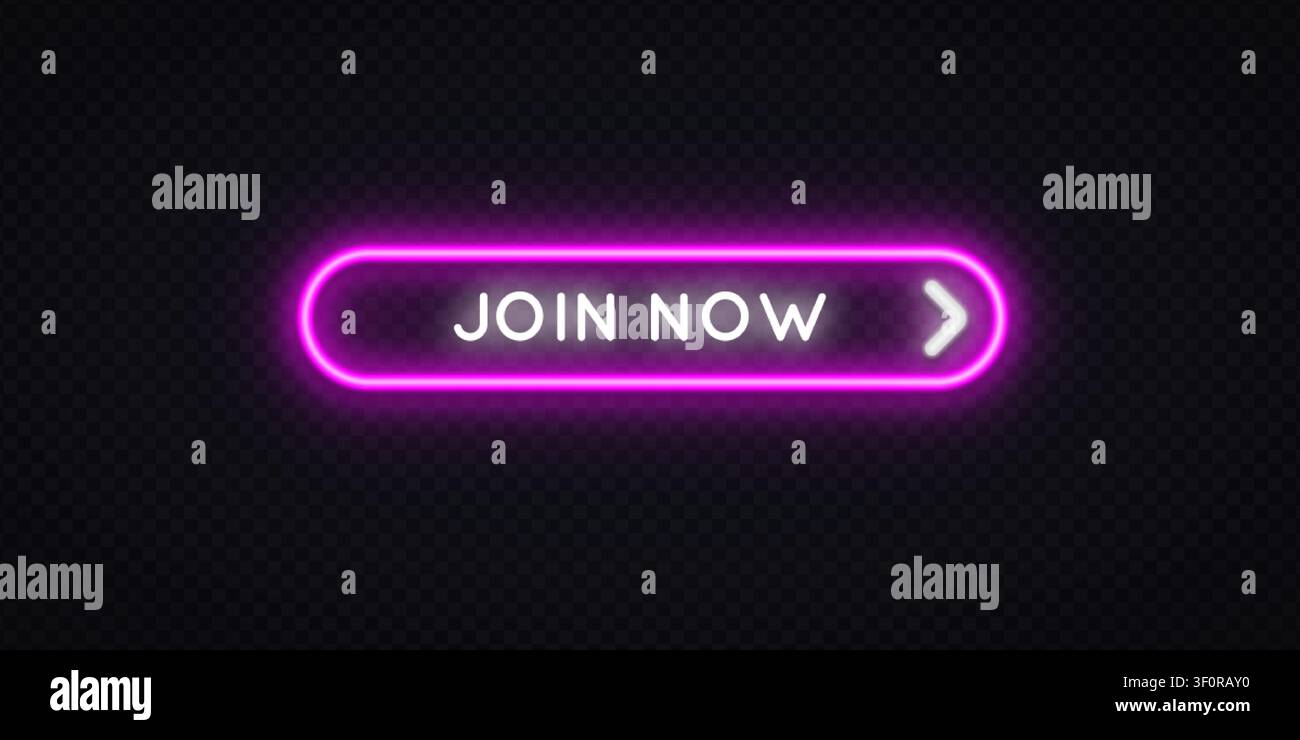 Pulsante "Iscriviti ora" rosa neon luminoso con freccia su sfondo scuro trasparente. Elemento CTA arrotondato vivace per il design di siti web, landing page o app. Illustrazione Vettoriale