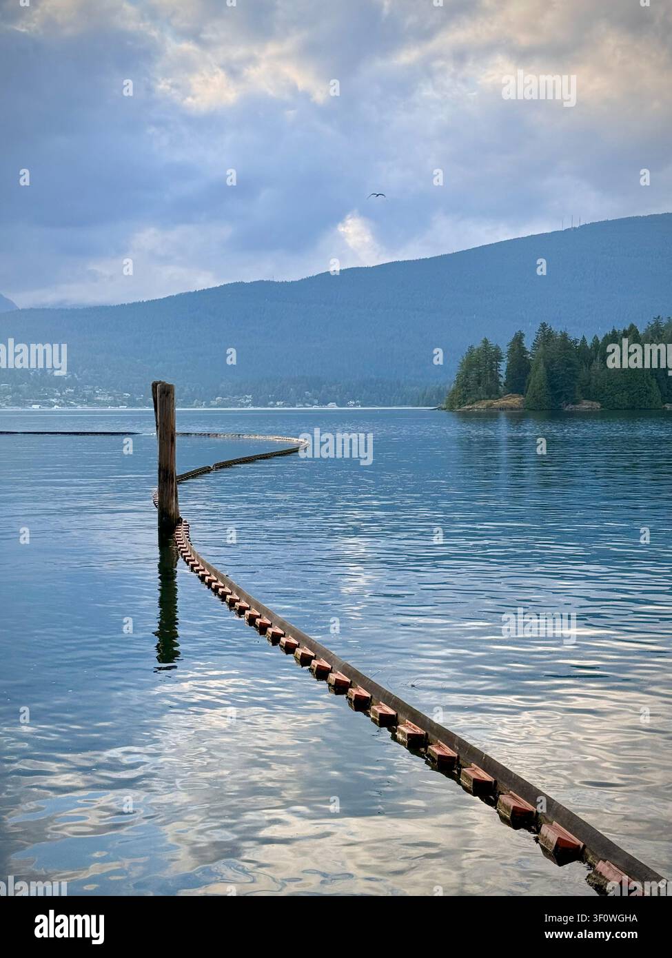 Vista suggestiva della sera sul Burrard Inlet dal Barnet Marine Park a Burnaby, Metro Vancouver, con nuotatori vicino alla riva e montagne in lontananza. Foto Stock