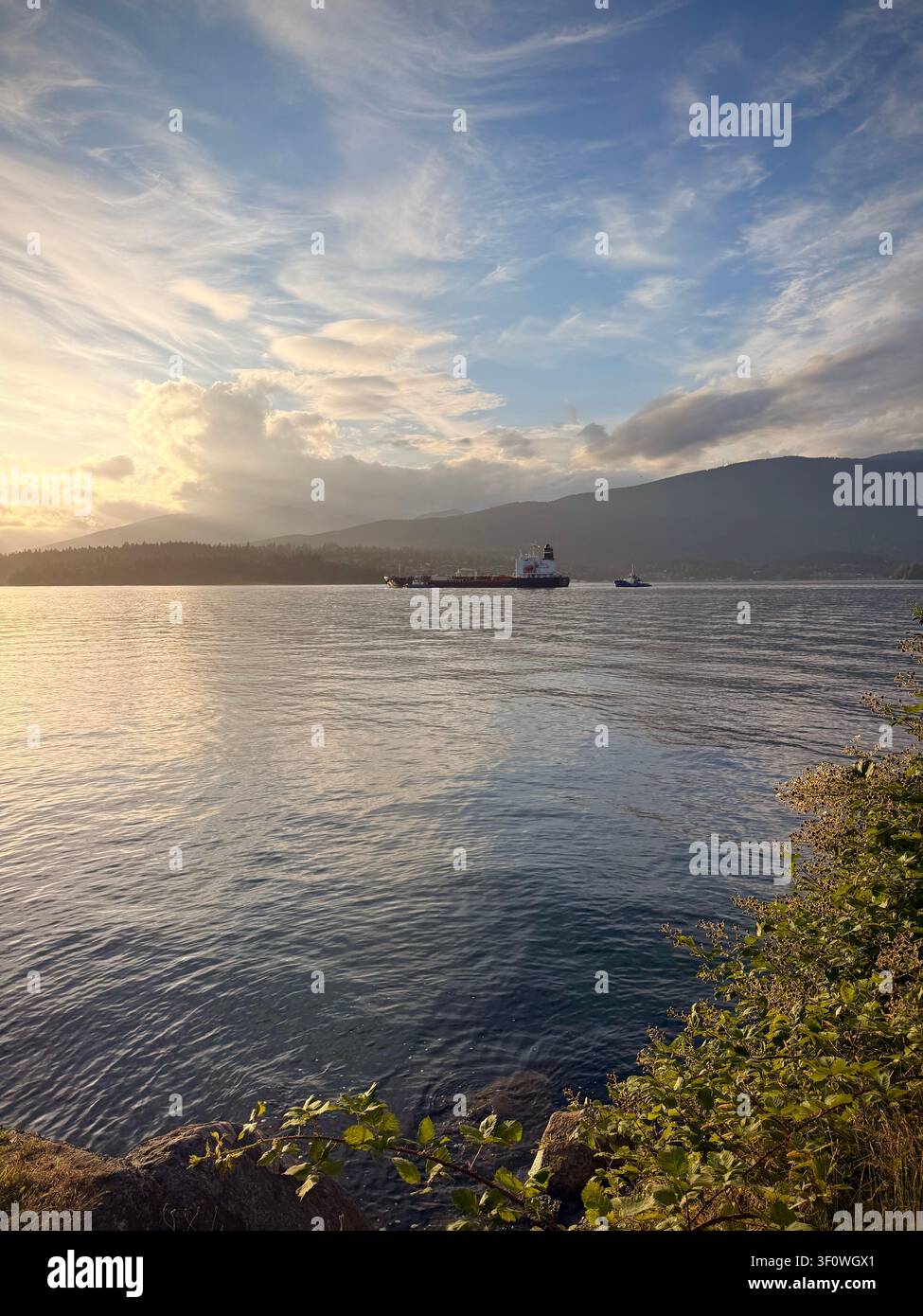 Tramonto sul Burrard Inlet dal Barnet Marine Park a Burnaby, Metro Vancouver, con una chiatta e una barca che passano davanti a montagne boscose della British Columbia Foto Stock