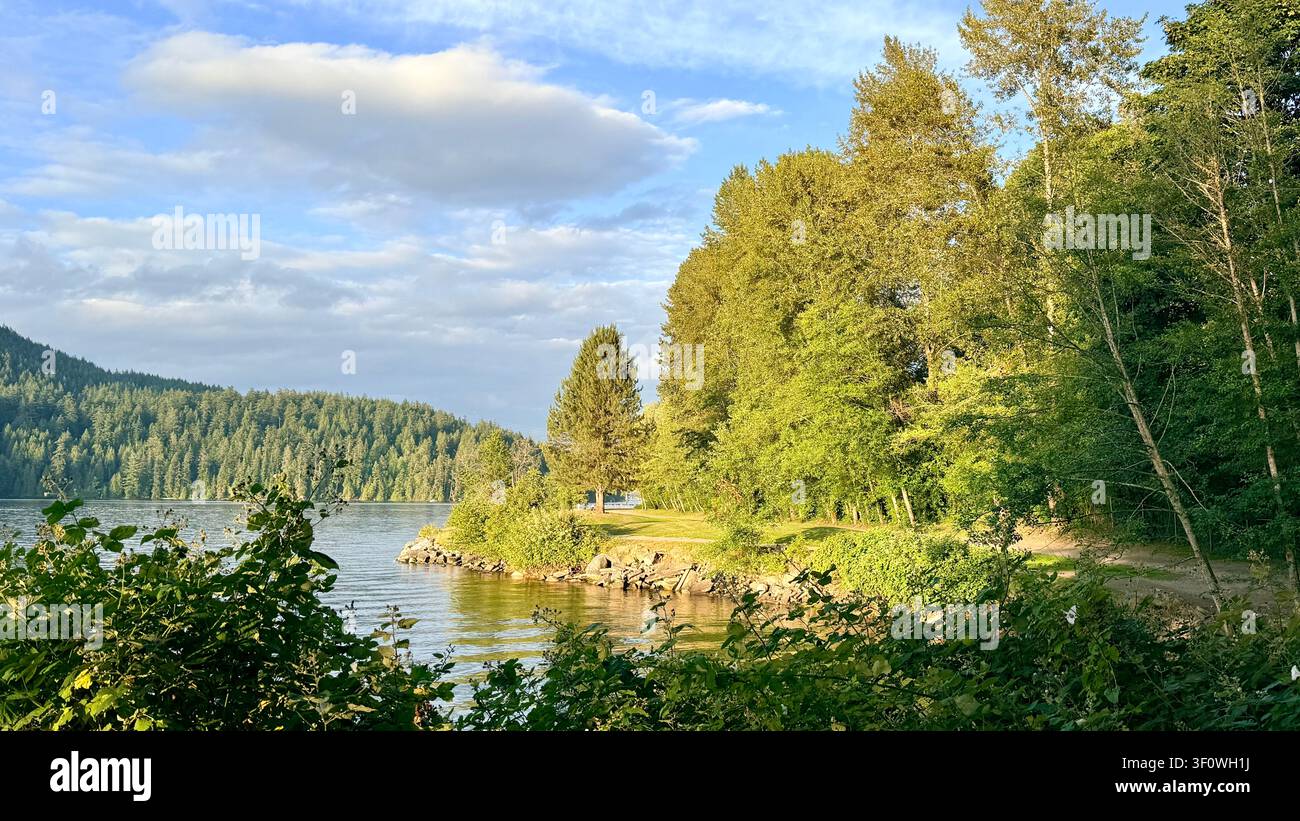 Burnaby, Columbia Britannica, Canada: linea costiera boschiva e acque calme al Barnet Marine Park nella calda luce serale. Foto Stock