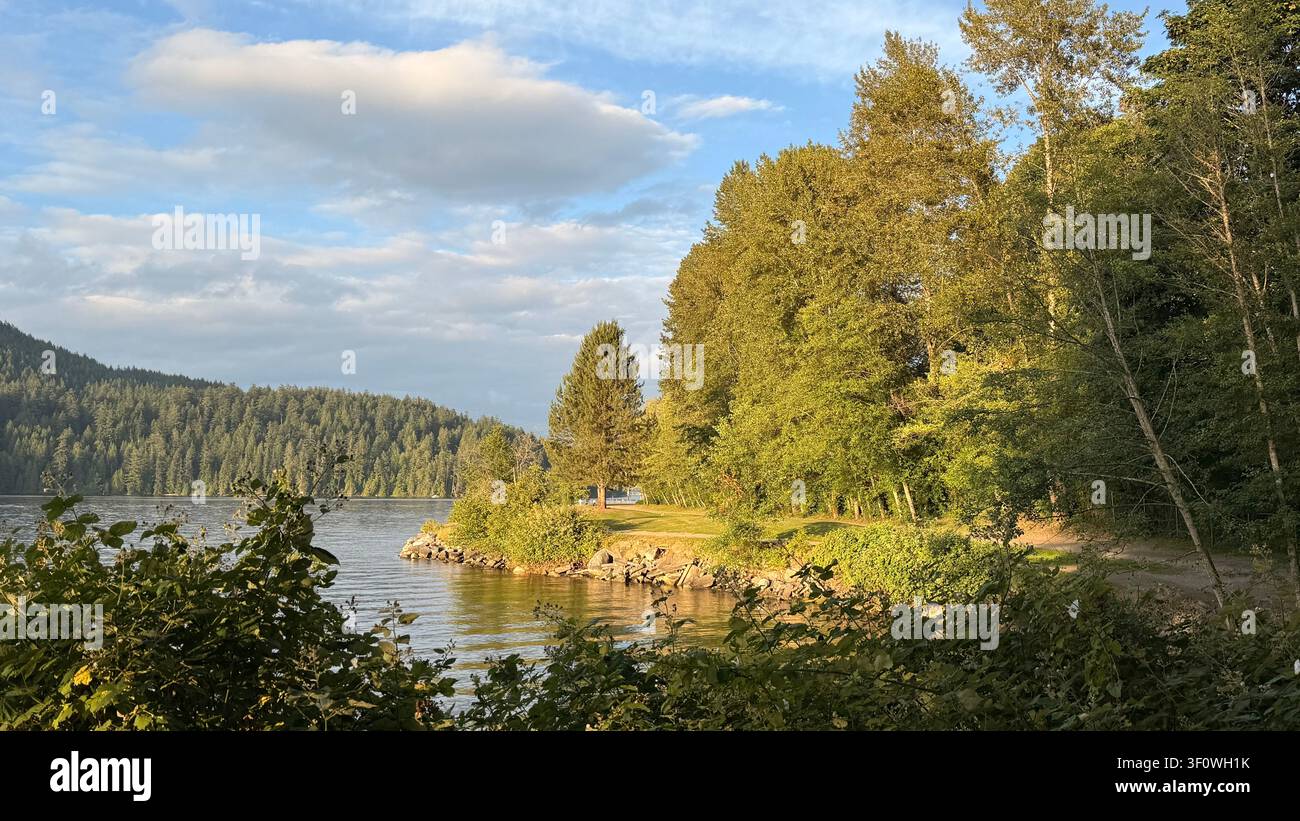 Burnaby, Columbia Britannica, Canada: linea costiera boschiva e acque calme al Barnet Marine Park nella calda luce serale. Foto Stock