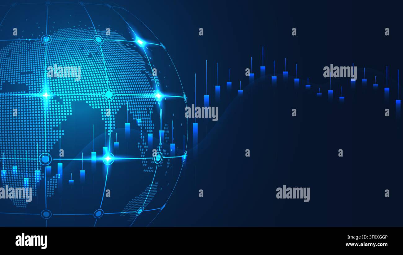 Illustrazione moderna di fintech con un globo mondiale digitale, connessioni di rete luminose e un grafico a candele del mercato azionario su uno sfondo blu scuro Illustrazione Vettoriale