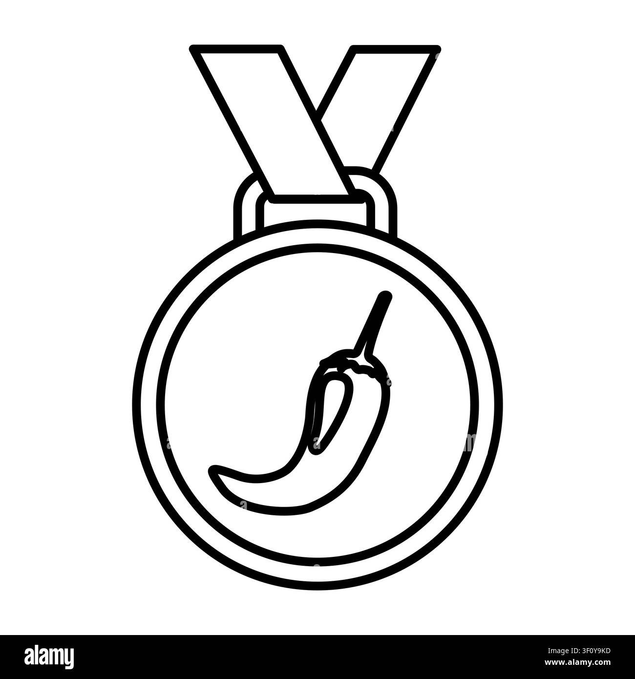 Icona vettoriale nera di medaglia al peperoncino con nastro premium. Il concetto di premio per cibi piccanti evidenzia qualità culinarie di alto livello. Illustrazione Vettoriale