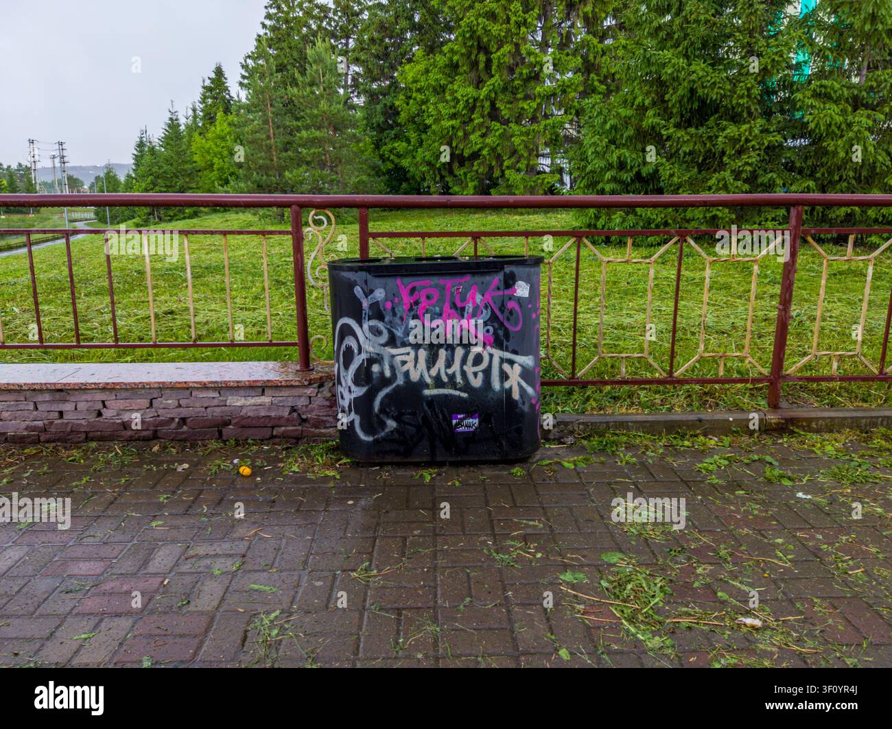 Cestino per la spazzatura coperto di graffiti su un marciapiede bagnato in città. Foto Stock