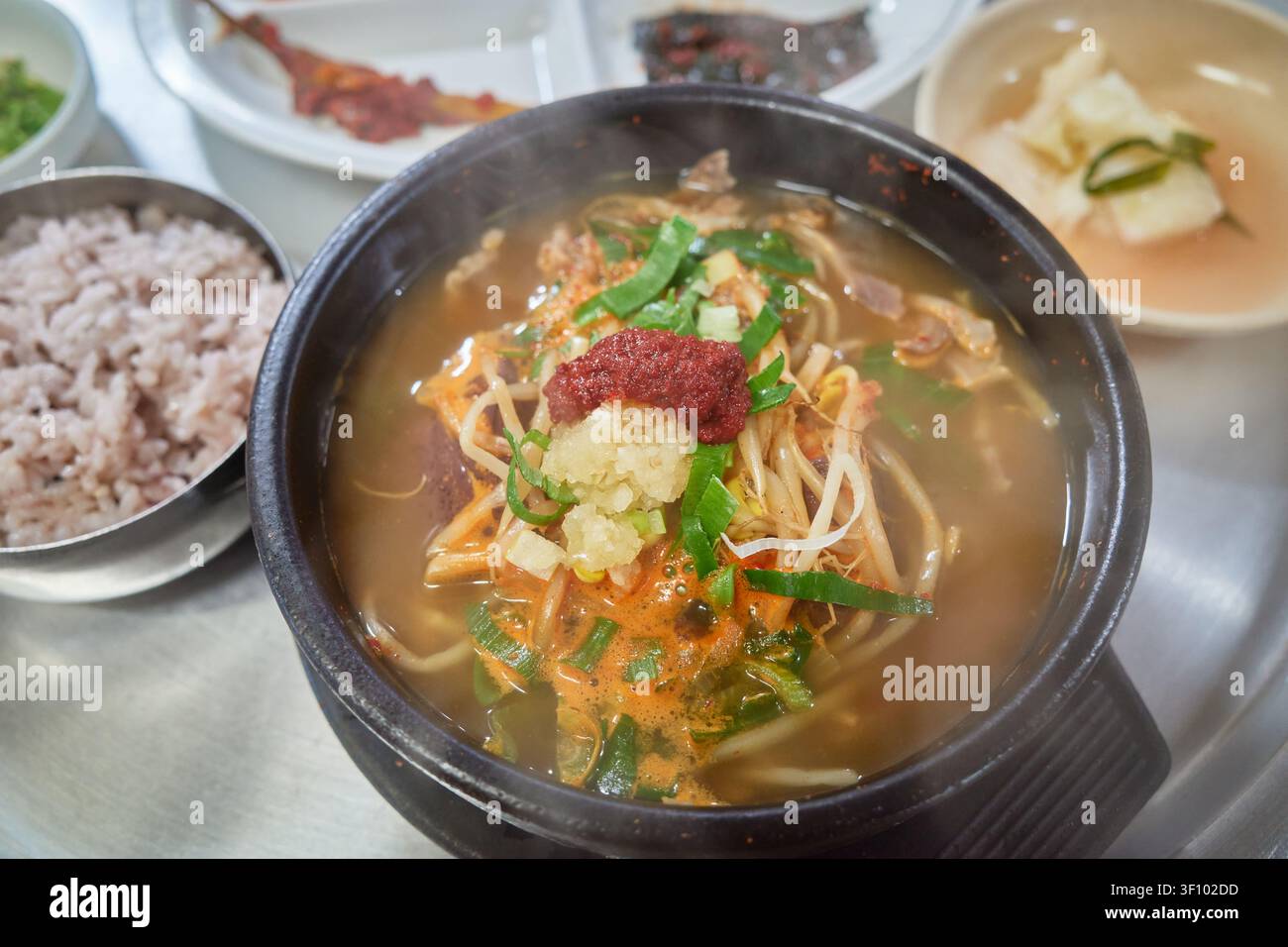 Zuppa tradizionale coreana del Sud con trippa di manzo per i postumi della sbornia, con sangue coagulato e germogli di fagiolo in una pentola di terracotta fumante che mostra un'autentica e sostanziosa A Foto Stock