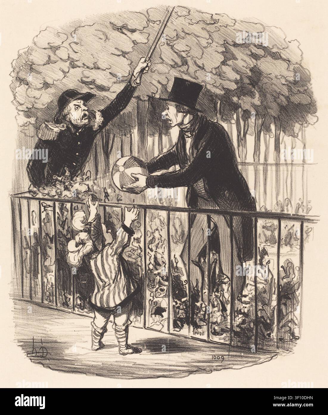 Mais puisque j'vous dis que c'est son ballon et que j'suis son papa!...., 1847. - N'y a pas d'papa ni d'ballon qui tienne...... on n'doit pas entrer dans les plate-bandes des Tuileries et mériteriez que j'vous empêche d'en sortir pendant huit jours!.....( - Ma vi assicuro che questa è la sua palla e che io sono suo padre! - Non si tratta di una palla né di un padre. Non è permesso entrare nelle aiuole delle Tuileries. In realtà vi meritereste di essere rinchiusi lì dentro per una settimana...!) Foto Stock