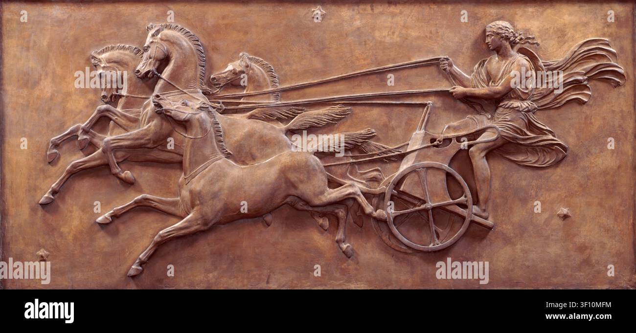 Faeton che guida il Carro del Sole, dopo il 1846. Faeton, figlio di Helios (o Apollo), chiede il privilegio di guidare il carro di suo padre per un solo giorno. Nonostante gli avvertimenti ferventi e i tentativi di Helios di dissuaderlo, elencando i numerosi pericoli che incontrerebbe nel suo viaggio celeste e ricordando a Faeton che solo lui può controllare i cavalli, il ragazzo non si fa dissuadere e non cambia idea. Gli viene quindi permesso di prendere le redini del carro; la sua corsa è disastrosa, poiché non riesce a mantenere una presa salda sui cavalli. Di conseguenza, guida il carro troppo vicino alla Terra, bruciandola, Foto Stock