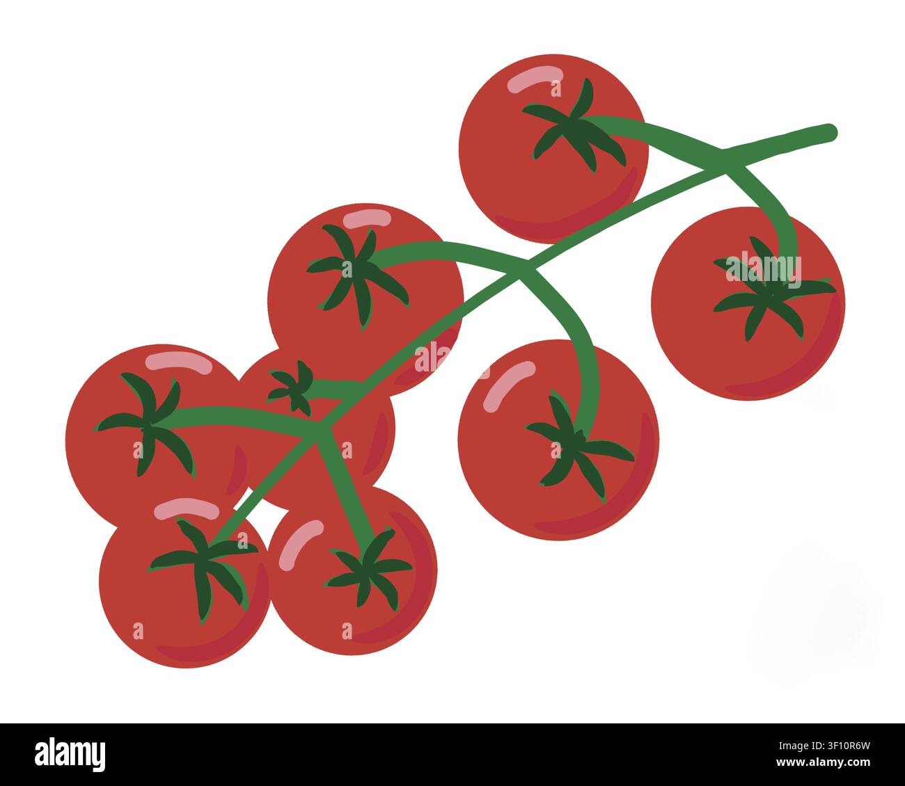 Illustrazione digitale di otto pomodorini maturi raggruppati su una vite verde, resi con ombreggiature morbide e luci per un aspetto semi-dimensionale. Foto Stock