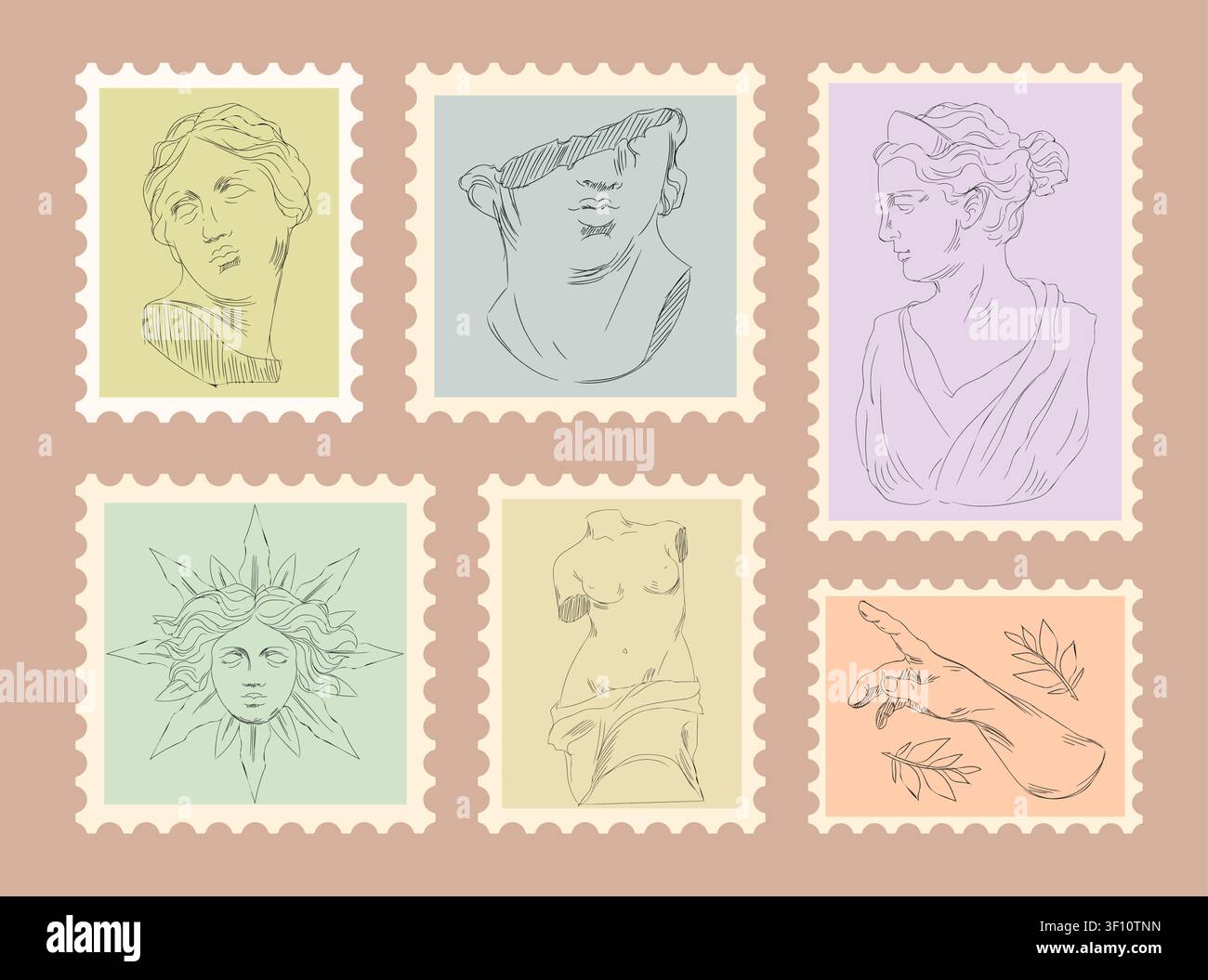 Timbri di schizzi greci antichi con scultura di dea classica, design vintage. Illustrazione vettoriale di simboli di cultura mediterranea disegnati a mano in cornici postali, motivo di progetto di viaggio e storia Illustrazione Vettoriale