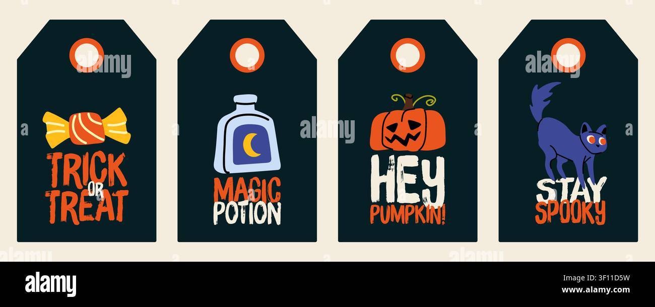 Etichette regalo di Halloween groovy disegnate a mano set vettoriale per confezioni festive Illustrazione Vettoriale