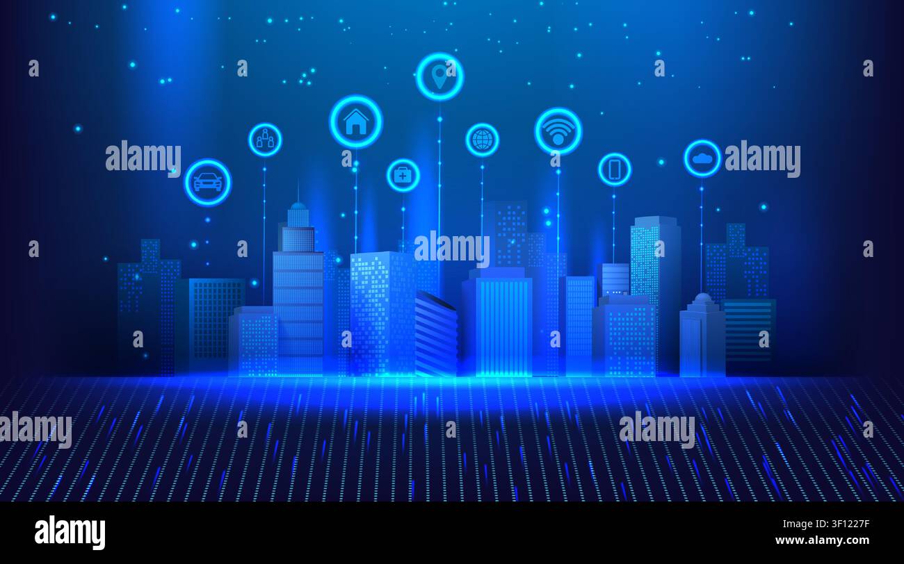 Edifici intelligenti. Patrimonio dati della città, tecnologia Internet o icona di rete iOS dello skyline urbano per il centro aziendale 5G, edifici urbani. Gestione della città attraverso infrastrutture globali, concetto di vettore di navigazione per geolocalizzazione Illustrazione Vettoriale