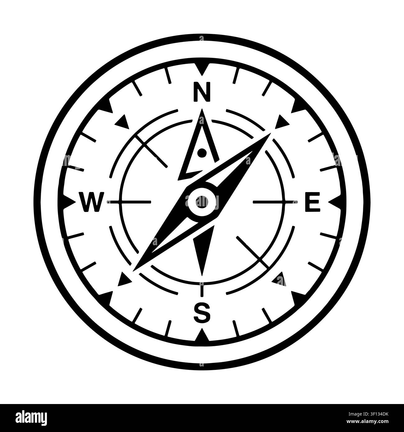Icona di bussola in bianco e nero. Segno geometrico della rosa dei venti, simbolo di orientamento della mappa, illustrazione isolata. Illustrazione Vettoriale