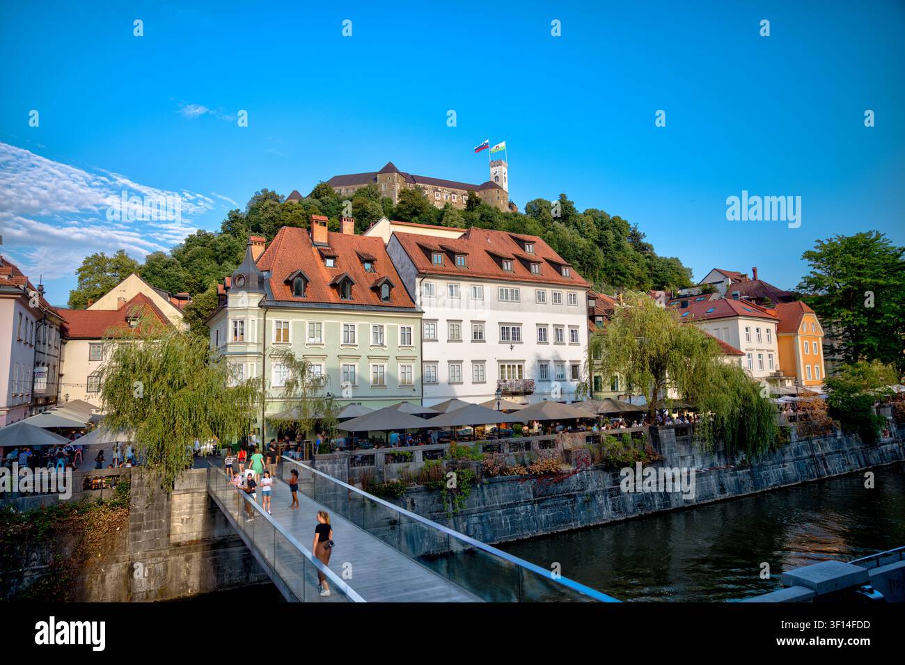 Il castello di Lubiana e la sua torre panoramica sormontata da una bandiera che si erge sopra gli edifici storici dai tetti rossi a Lubiana, in Slovenia. Foto Stock