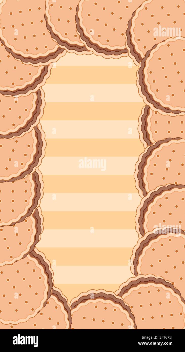 Cornice verticale di biscotti rotondi con bordi a strati e sfondo a righe al centro. Illustrazione Vettoriale
