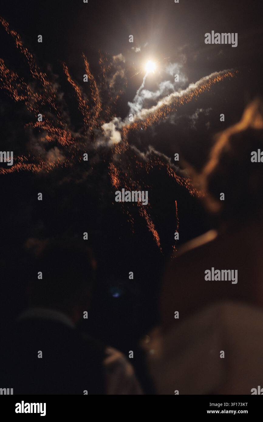 Il cielo notturno esplode con fuochi d'artificio dorati. Silhouette osservano dal basso, silenziose e sbalordite. La luna splende dolcemente dietro lo spettacolo radioso. Celebrazione, Foto Stock
