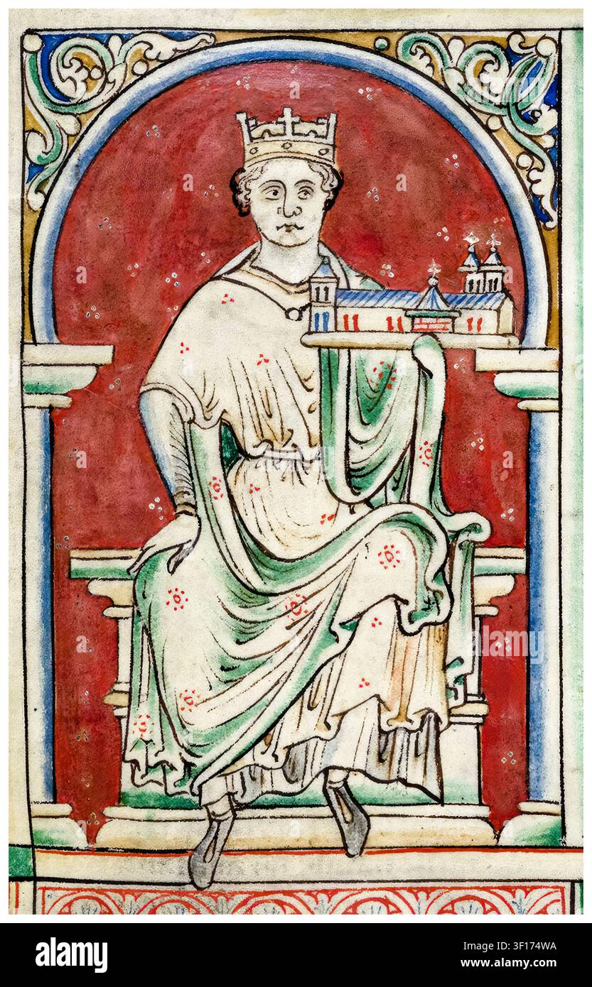 Re Giovanni (1166-1216), Re d'Inghilterra (1199-1216), che detiene l'Abbazia cistercense di Beaulieu, manoscritto dipinto ritratto di Matthew Parigi circa 1250-1259 Foto Stock