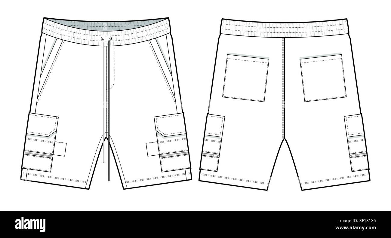 Modello di mockup di progettazione vettoriale per pantaloncini da escursione, disegno piatto tecnico. Illustrazione Vettoriale