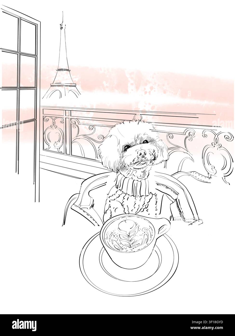 Un'illustrazione lineare elegante di un adorabile barboncino che indossa un maglione, beve caffè su un balcone con una vista panoramica sulla Torre Eiffel Foto Stock
