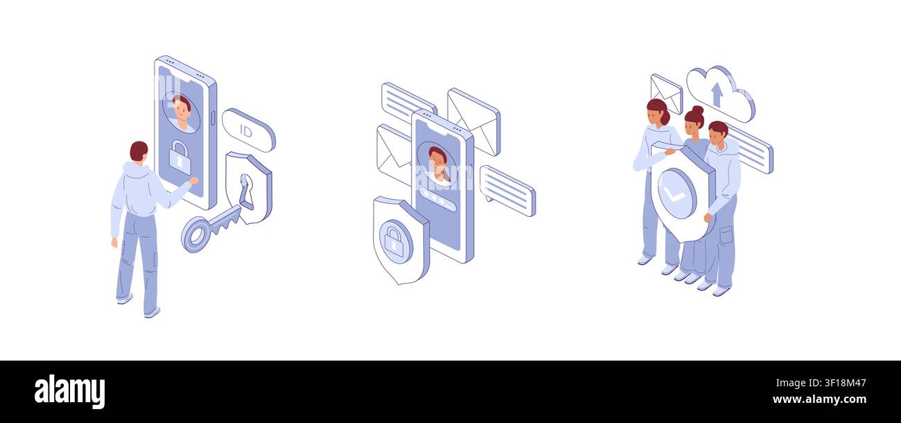 Protezione dei dati personali. Telefoni e persone. Vettore isometrico. Ottimo per poster sulla privacy, blog sulla cybersecurity o banner di app sicure. Illustrazione Vettoriale