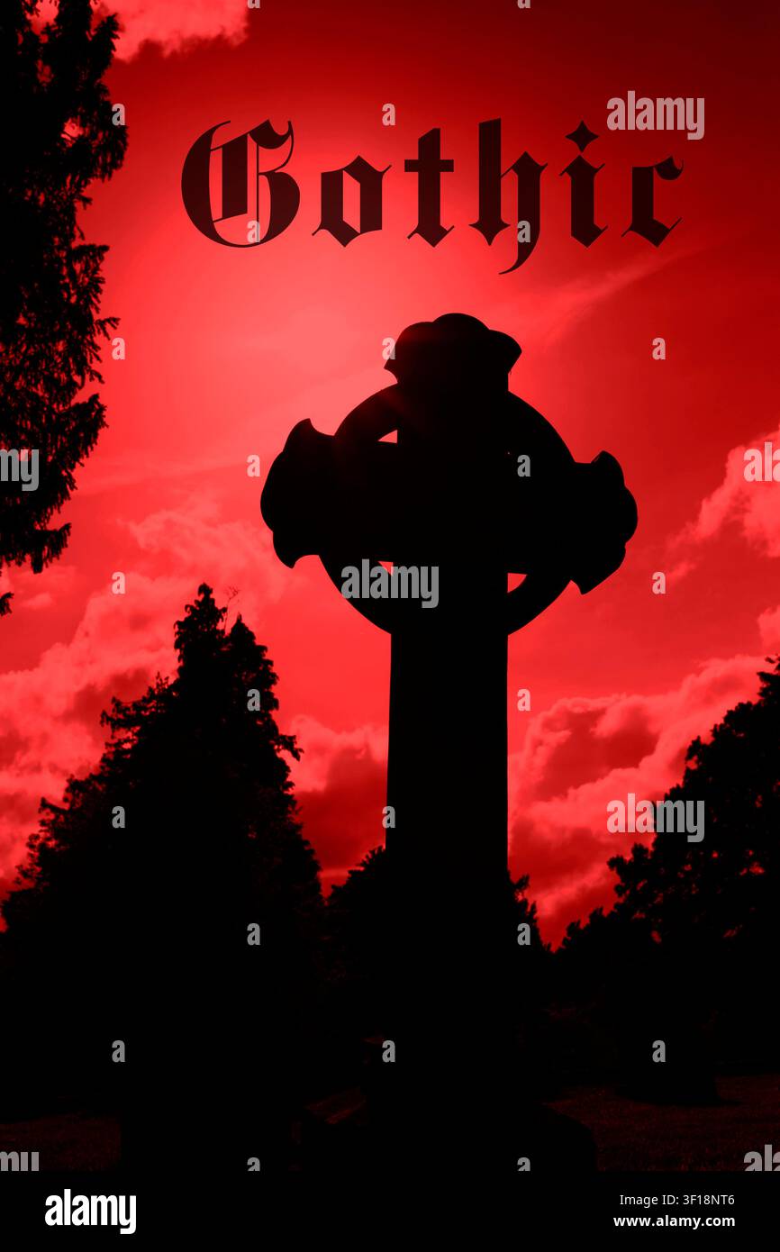 Immagine astratta di una croce celtica su una lapide in un cimitero, con la parola gotica. Tonalità sfumata rossa Foto Stock