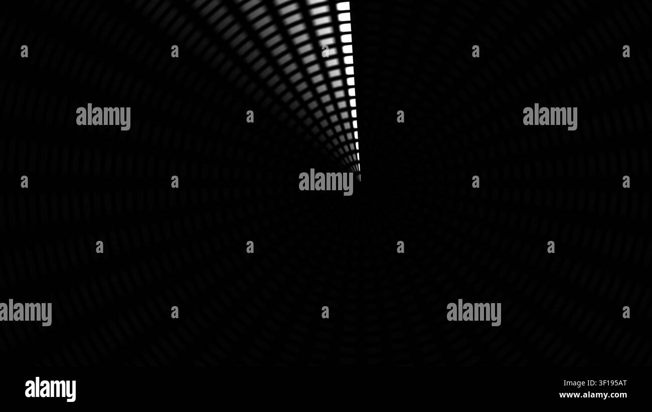 Un tunnel buio che conduce a una fonte di luce. Le pareti hanno un motivo strutturato che crea un senso di profondità. Le ombre esaltano l'atmosfera misteriosa Foto Stock