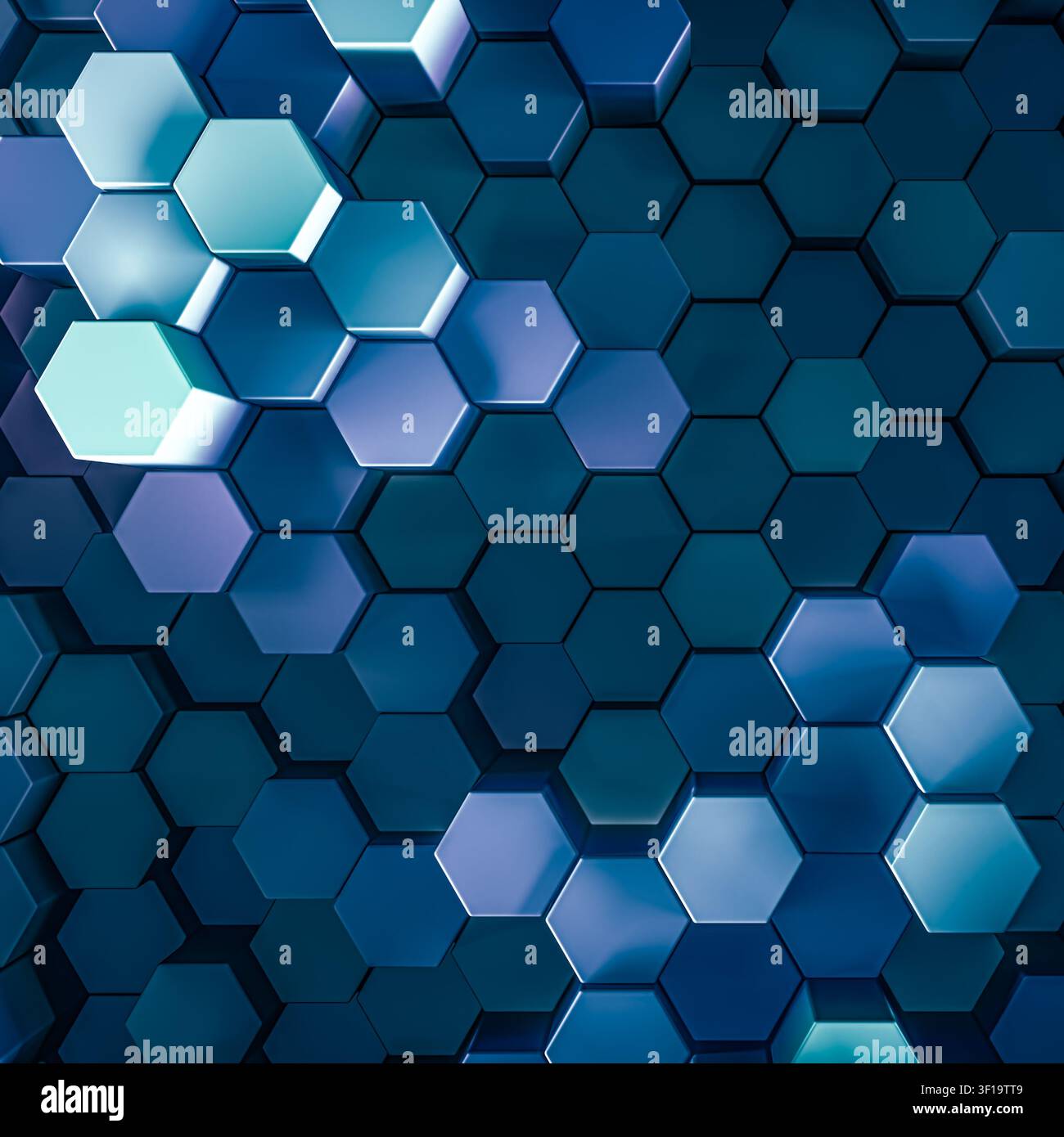 Sfondo reso in 3D di esagoni modellati in vivaci colori blu saturi. Forme esagonali tridimensionali in motivi geometrici per colori vibranti Foto Stock