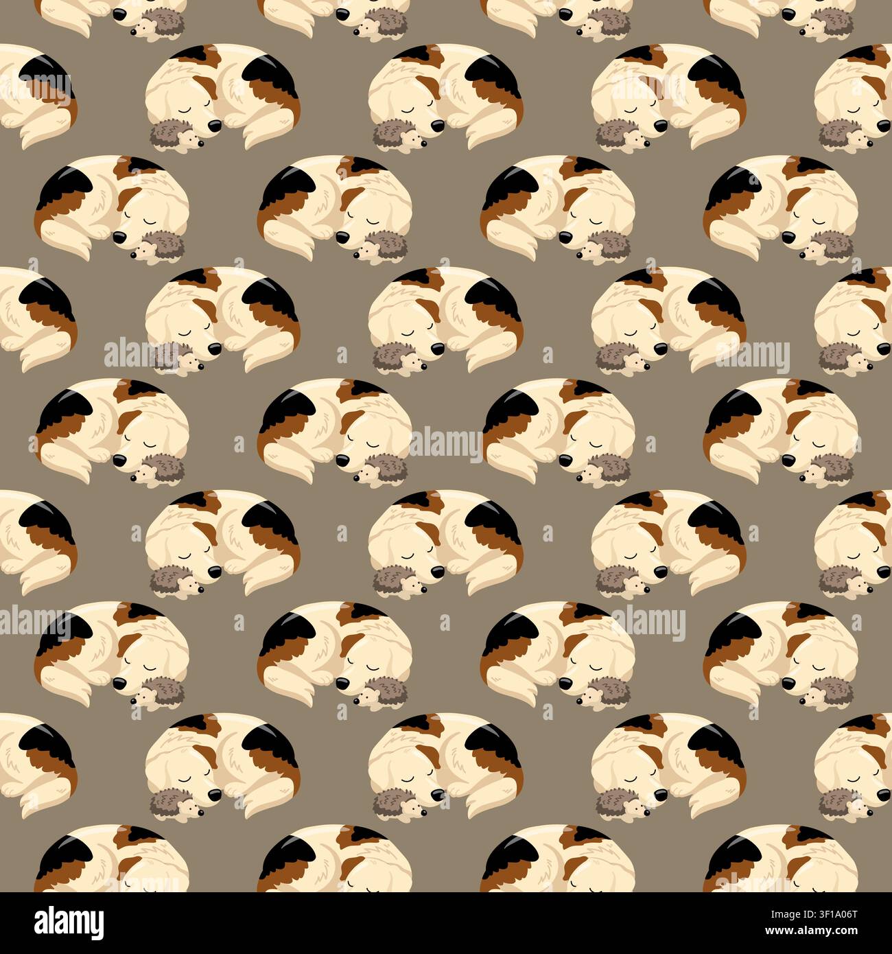 Modello senza cuciture con cane dormiente e riccio su sfondo taupe. Sfondo di animali accoglienti in vettore cartone animato Illustrazione Vettoriale