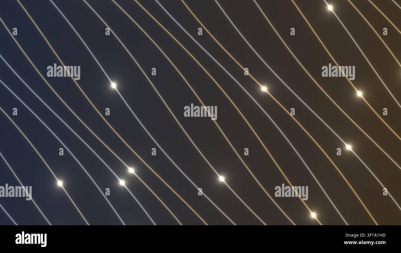 Linee di luce in vari colori si estendono su uno sfondo scuro. Puntini di luce sono posizionati a intervalli, creando un modello strutturato. Il design ha Foto Stock