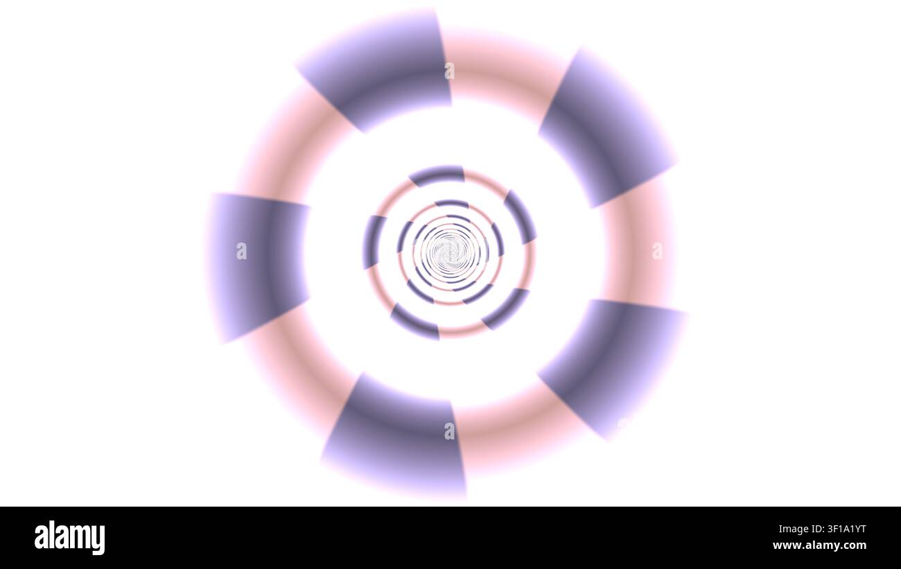 Un disegno a spirale ripetitivo presenta sfumature pastello morbide di rosa e viola. Il motivo circolare crea un senso di profondità e movimento nella composizione Foto Stock