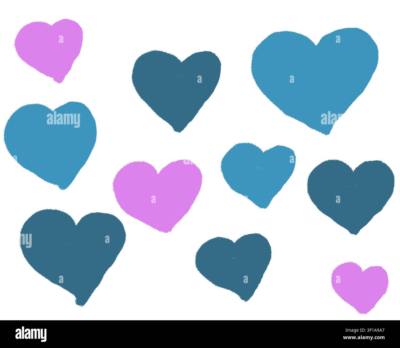 Collezione di cuori strutturati dipinti a mano in tonalità turchesi, blu e viola con un bordo a pennello stile pastello, ideale per San Valentino e matrimoni. Foto Stock