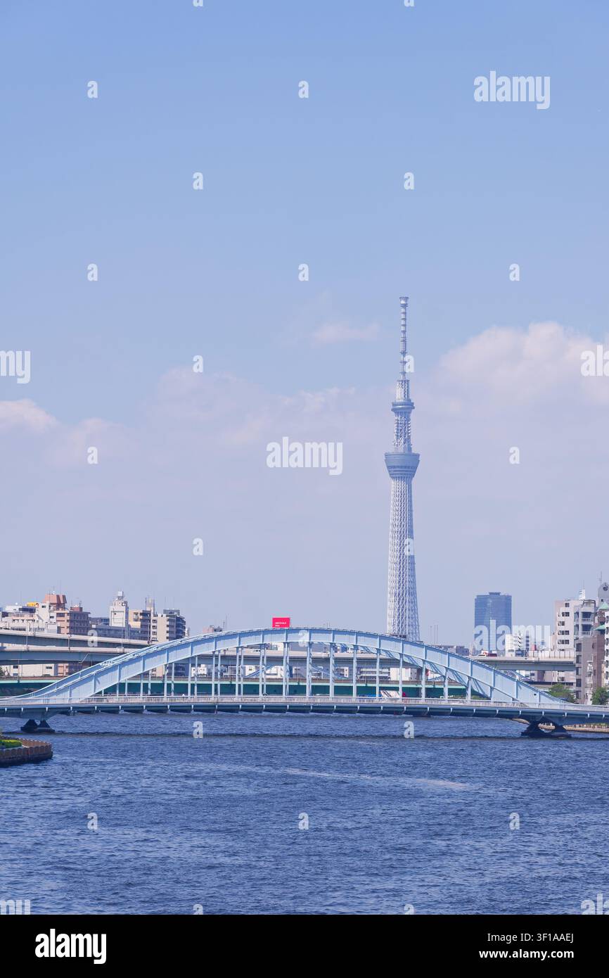 Il Tokyo Skytree che si erge oltre il fiume Sumida e il ponte Eitai in una limpida giornata estiva, mostrando uno dei paesaggi iconici del lungomare e della modernità di Tokyo Foto Stock