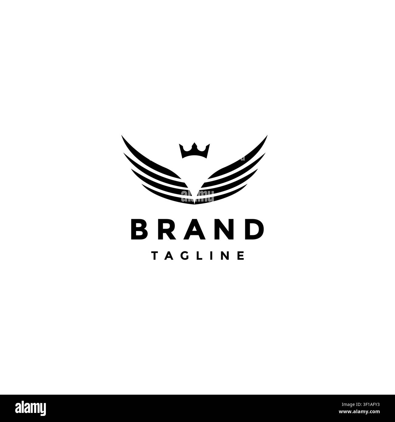 Design di logo elegante con linee di ali incoronate. Design di logo con ali minimaliste e corona in cima. Illustrazione Vettoriale